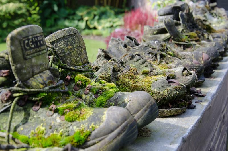 rij oude wandelschoenen onder het mos op een muurtje in een tuin